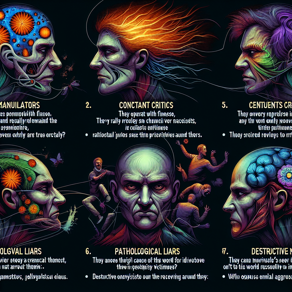 1. Manipulatorii subtili2. Criticii constanti3. Narcisistii egocentrici4. Persoanele pasiv agresive5. Mincinosii patologici6. Victimele perpetue7. Invidiosii distructivi