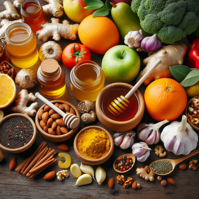 Legume si fructe proaspete miere ceaiuri din plante usturoi ghimbir turmeric nuci si seminte