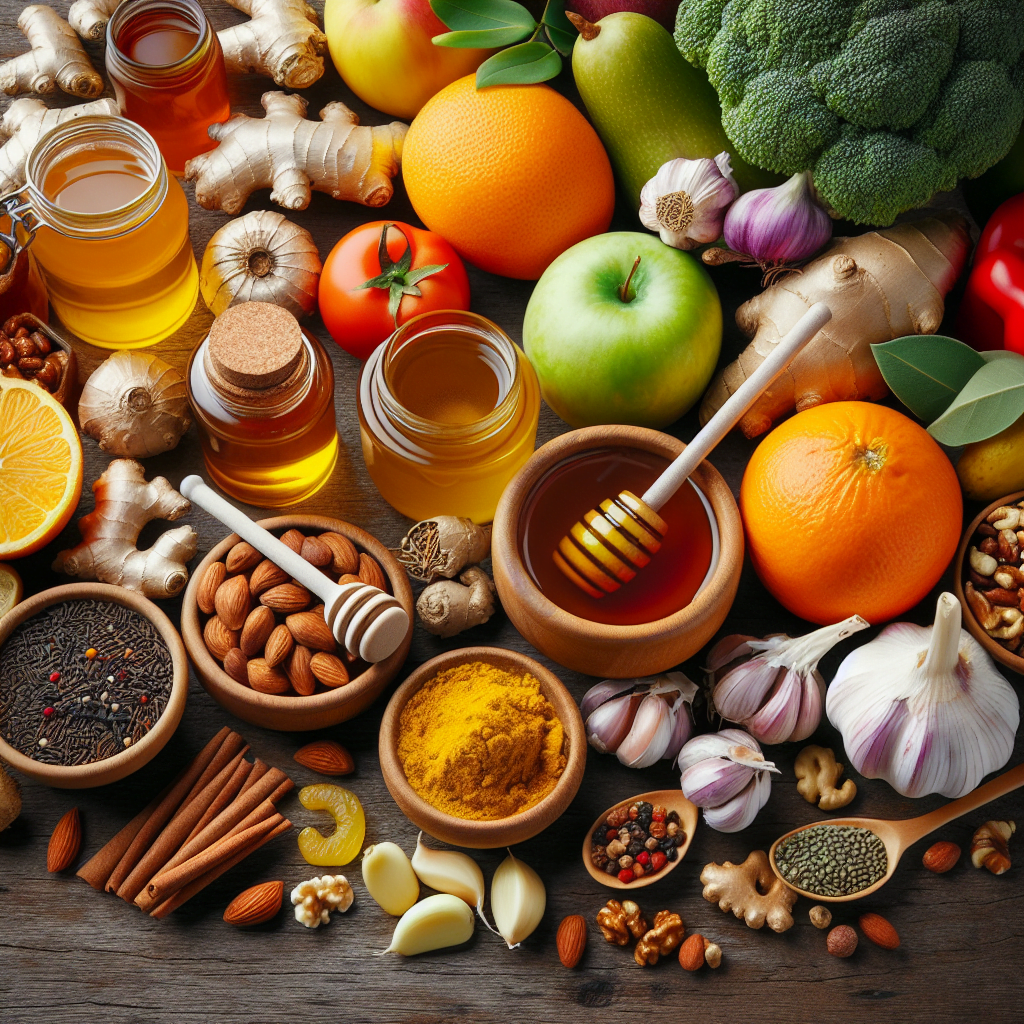 Legume si fructe proaspete miere ceaiuri din plante usturoi ghimbir turmeric nuci si seminte