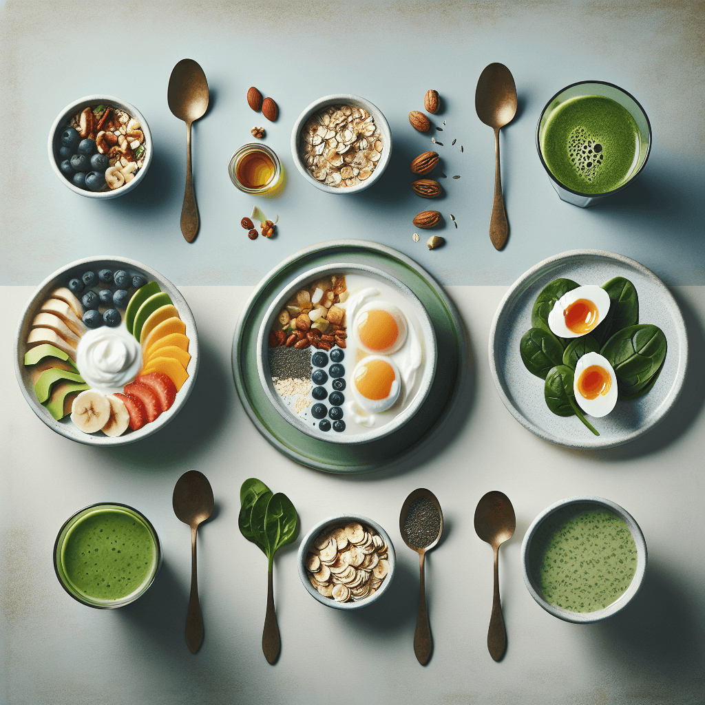 1. Ovaz cu fructe proaspete si nuci 2. Iaurt grecesc cu miere si seminte 3. Oua posate cu spanac si avocado 4. Smoothie verde cu spanac si banana 5. Fulgi de ovaz cu seminte de chia