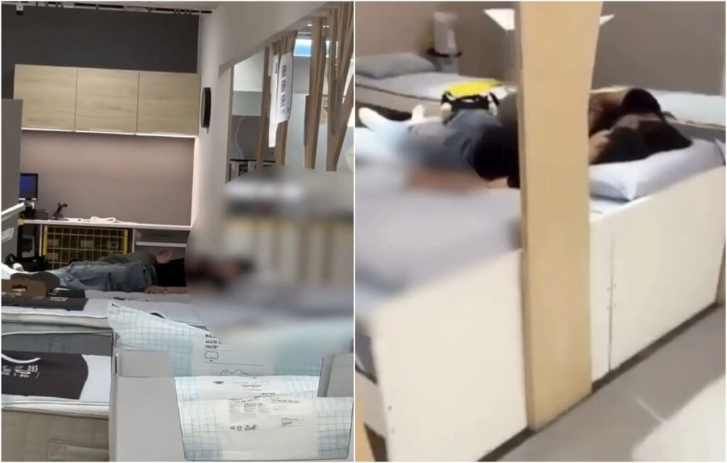 Doi tineri surprinsi in momente intime pe un pat aflat intr un magazin de mobila Incidentul a fost filmat de martori VIDEO