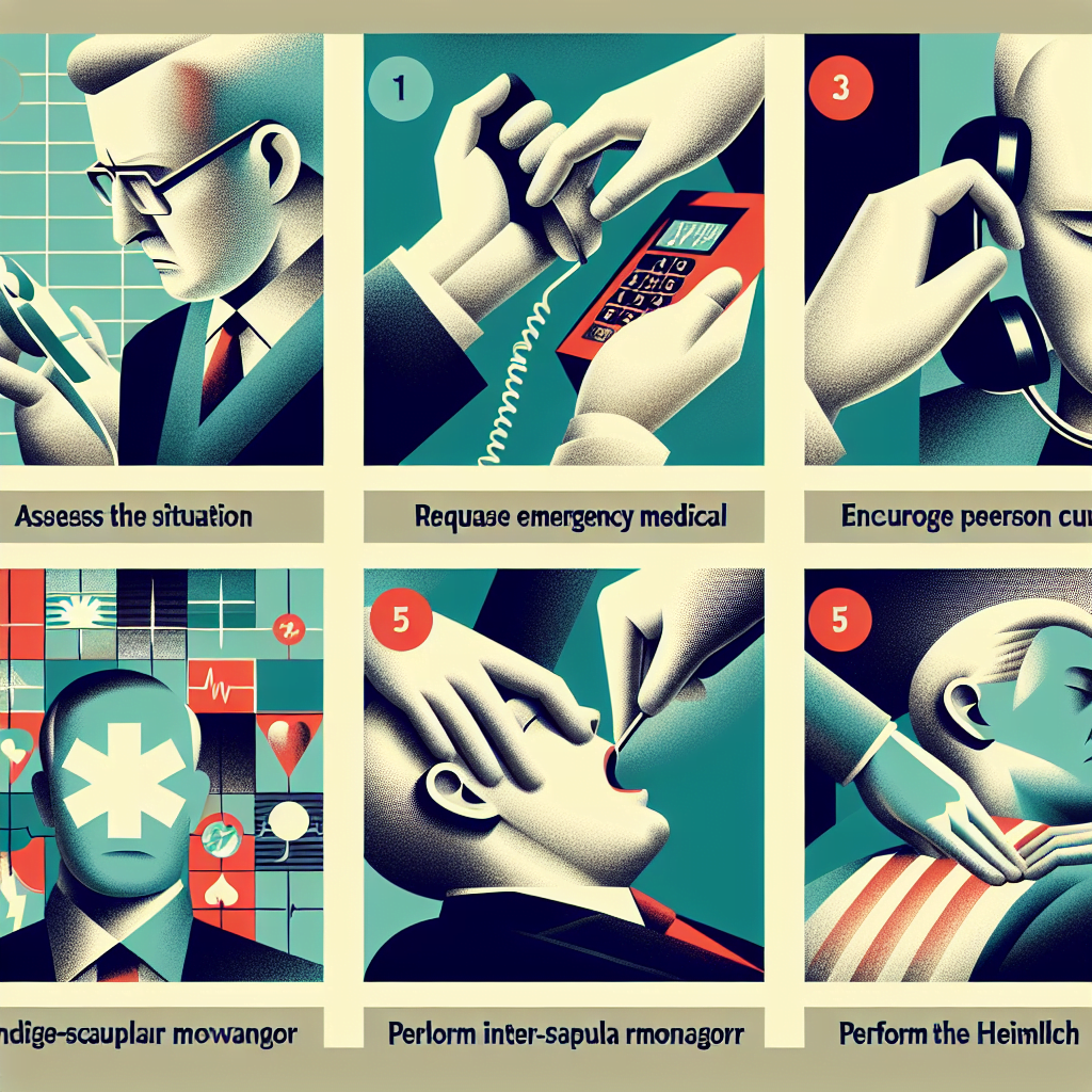 1. Evalueaza situatia.2. Solicita ajutor medical de urgenta.3. Incurajeaza persoana sa tuseasca.4. Aplica lovituri interscapulare.5. Executa manevra Heimlich