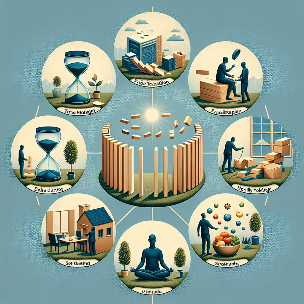 1. Organizează-ți timpul eficient.
2. Prioritizează sarcinile.
3. Stabilește limite clare.
4. Eliberează-te de lucrurile inutile.
5. Adoptă obiceiuri zilnice sănătoase.
6. Concentrează-te pe relațiile importante.
7. Practică recunoștința zilnic. 1 1. Organizeaza ti timpul eficient.2. Prioritizeaza sarcinile.3. Stabileste limite clare.4. Elibereaza te de lucrurile inutile.5. Adopta obiceiuri zilnice sanatoase.6. Concentreaza te pe relatiile importante.7. Practica recunostinta zilnic