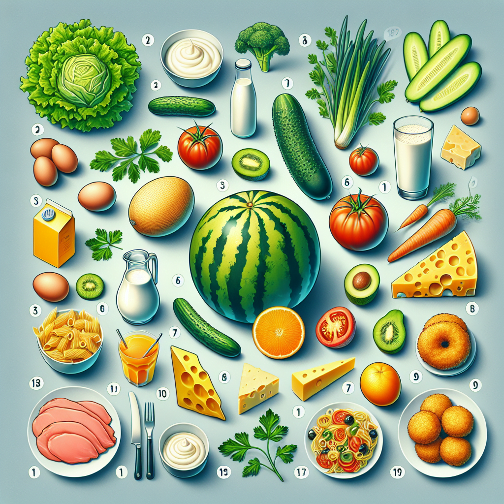 1. Salata verde2. Castraveti3. Rosii4. Pepene5. Cartofi cruzi6. Lapte7. Sosuri pe baza de lapte8. Branza moale9. Oua crude10. Paste gatite11. Orez gatit12. Fructe cu multa apa portocale mandarine13. Maioneza14. Frituri prajite15. Mezeluri feliate