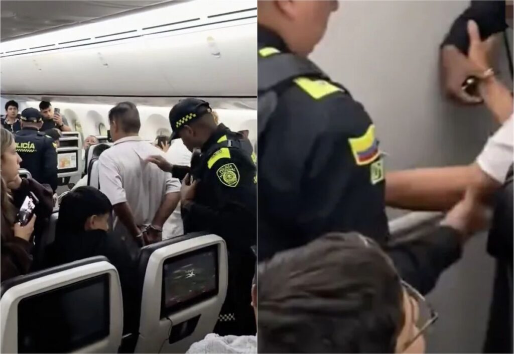 Momentul suprinzator in care un barbat este ridicat de politisti in avion dupa ce a fost observat effectuand un gest inacceptabil Incidentul a fost filmat de un martor